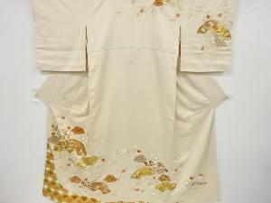 アンティーク　金彩友禅扇に鶴・橘・楓模様刺繍一つ紋着物
